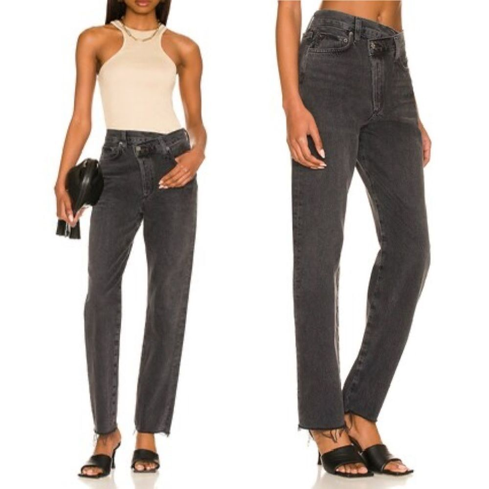 Agolde Criss Cross Straight Jeans in Shambles Black Wash Raw Hem Women’s Size 24 - Picture 7 of 16
